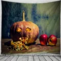 Halloween tapestry featuring a glowing carved pumpkin and red apples on a blue background - WSJ-3 (Glowing Pumpkin)