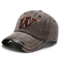 Gorra de béisbol vintage lavada marrón oscuro con bordado W y visera con borde de cuero - Ajustable / café