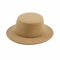 Detailed view of camel wool felt boater hat texture with flat top and straight brim - Camel
