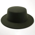 Detail shot of the dark green wool felt flat top boater hat with a wide brim design - Army Green