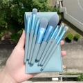 Portable 8-piece mini makeup brush set in grey-blue with a light blue leather pouch - 8Pcs Set-V Bag / Blue