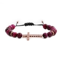 Detail of 8mm tiger eye beads and rose gold diamond-encrusted cross on woven bracelet - Rose Red Tiger Eye Rose Gold Cross