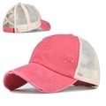 Casquette de baseball rose délavée avec passage queue de cheval et broderie H - Rose Rouge
