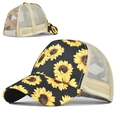 Casquette de baseball noire lavée avec imprimé tournesol et maille beige pour queue de cheval - Imprimé Marguerite