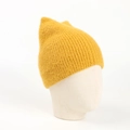 Detailed close-up of ginger yellow knit beanie with cute cat ears on a white mannequin - One Size / Turmeric