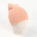 Close-up of peach-colored faux mink fur knit hat with cute fox ears on a mannequin - One Size / Orange Pink