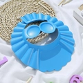Blue adjustable baby shower cap for hair washing with ear protection on white cloth - Blue with Ears