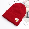 Vibrant red knit beanie featuring a delicate white daisy embroidery on the folded brim - Red
