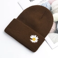 Brown knitted beanie with white daisy embroidery on the cuff for a casual winter look - Brown