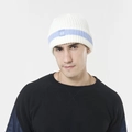 Winter rib-knit white beanie with light blue stripes and 89 numeric embroidery patch - M (56-58cm) / White