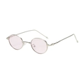 Retro oval metal sunglasses with silver frames and pink lenses shown at 45-degree angle - Silver Frame Purple Pink
