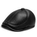 Κλασικό μαύρο δερμάτινο καπέλο flat cap για άνδρες με ανάγλυφη υφή και ρυθμιζόμενο - Ρυθμιζόμενο / Μαύρο