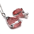 Irregular pink raw crystal stone necklace pendant with silver electroplated edges - Pink (No Chain)