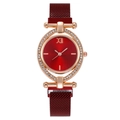 Elegante roségoldene Oval-Uhr mit rotem Zifferblatt, Strass-Lünette und Magnet-Netzarmband - Rot