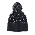 Detail of leopard print knit beanie with large faux fur pompom and ribbed cuff - One Size / Black