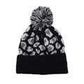 Detailed view of winter leopard print knit beanie with a fluffy faux fur pompom top - One Size / Gray