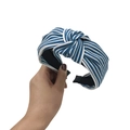 Blue and white striped denim fabric headband with a stylish top knot design for women - Medium Blue Striped