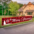 Outdoor Merry Christmas banner with red and black buffalo plaid and festive holiday patterns - Style A (Red Black Plaid Santa)