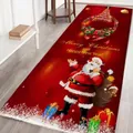 Detailed view of red flannel Christmas runner rug with Santa Claus print on wooden floor - 004-Red Santa Gift Sack
