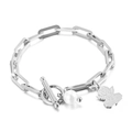 Silver pearl and angel pendant bracelet with T-bar clasp in stainless steel finish - Steel Color Bracelet (KB138414-Z)