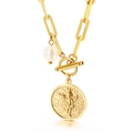 Gold paperclip chain necklace with pearl and angel coin pendant, featuring T-bar clasp - Gold Necklace (KN113607-Z)
