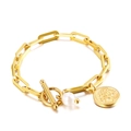 Gouden titanium stalen armband met parel en levensboom-hanger en een T-sluiting - Gouden Armband (KB138415-Z)