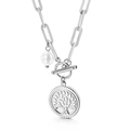 Zilveren paperclip ketting met levensboom hanger, T-sluiting en een witte parel - Zilveren Ketting (KN113608-Z)