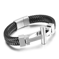 Men's braided black leather bracelet with silver stainless steel T-bar and magnetic clasp - Black Braided Rope With Steel Metal Clasp (KB134668-KFC)