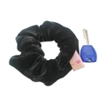 Black velvet zipper scrunchie hair tie shown with keys to demonstrate hidden pocket - Black