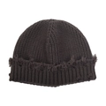 Close-up of dark coffee knit beanie featuring distressed edges and retro street style - Distressed Frayed Docker Cap / Coffee