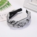 Ethnic style grey brocade knotted headband with intricate floral jacquard pattern for women - Gray