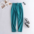 Teal high waisted casual trousers with matching fabric belt in a flat lay style - XS / Green
