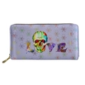 Lavender faux leather long zip wallet with colorful skull and LOVE design in litchi grain - Love Letter Skull