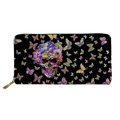 Black PU leather long wallet featuring vibrant skull and butterfly prints with gold zipper - Colorful Wreath Skull CC3532Z21