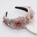 Close-up of pink baroque lace sponge headband with embroidery pearls and crystals - Pink