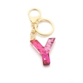 Pink resin letter Y keychain with glitter sequins and golden metal lobster clasp charm - Pink Sequin / Letter Y