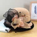 Camel wool felt cloche hat featuring black mesh bow and elegant floral decoration - Two-Tone Mesh Flower Style / Camel