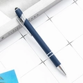 Deep blue retractable stylus ballpoint pen with metal clip and silver rings on white paper - Dark Blue