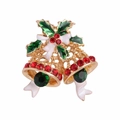 Elegant Christmas bell brooch featuring golden metal with red rhinestones and holly leaves - YNCP3910 Ribbon Double Bells