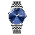 Business quartz watch for men with silver stainless steel band and blue diamond dial - Blue with Gold Border