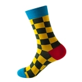 Wadenhohe Baumwollsocken mit gelb-schwarzem Karomuster und farbigen Kontrastdetails - Gelb Schwarz Blau Rot Kontrast