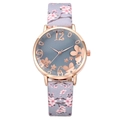 Women's quartz watch featuring floral dial art and cherry blossom leather strap - Light Blue