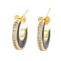 Chic gold-plated C-shaped hoop earrings featuring black enamel and sparkling zircon accents - Black