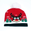 Dettaglio del cappello natalizio a maglia con motivo renna e pompon in finta pelliccia - Stile Renna Cartoon