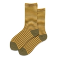 French retro mustard yellow and olive green striped cotton mid-calf socks for women - One Size (35-40) / Yellow and Green Stripes