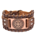 Brown wide leather bracelet with Celtic knot and ancient runes on bronze plate - Brown + Antique Red