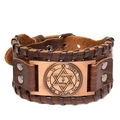 Vintage brown leather bracelet featuring a bronze hexagram plate with Nordic runes - Hexagram Style