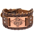 Handmade brown leather bracelet with dragon motif bronze plate and rivet details - Brown + Antique Red