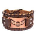 Retro bruine gevlochten leren armband met bronzen adelaarstotem en klinknagels - Bruin / Antiek Rood