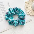 Blue-green velvet scrunchie with pink wavy patterns for women's hair styling - Green Streamer Pattern